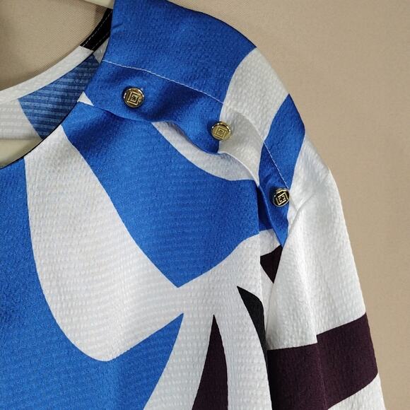 Liz Claiborne Plus Size Blue Black Geometric Pattern Cuffed Sleeves Formal Shirt - Picture 5 of 12